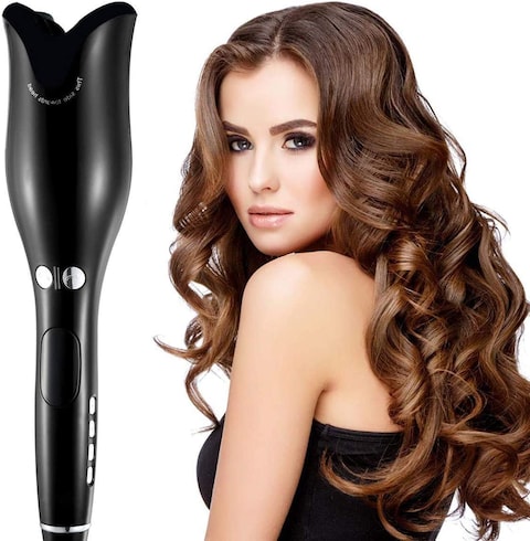 Jjone Curling Iron, Automatic Hair Curler, Ceramic Anti-Burn Hair Curler, Hair-Dressing Easy-Shaped Curler Stick, Household Hair Styling Tools Big Wave Shape (A-Black)