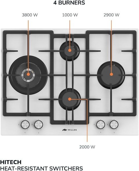 MILLEN 65 cm Built In White Glass Gas Hob with SABAF Burners - 3 Years Warranty, MGHG 6502 WH