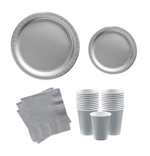 Party Time Serves 48 Guest Complete Party Pack Silver 9&quot; Dinner Paper Plates , 7&quot; Dessert Paper Plates, 9 oz Cups, 2 Ply Napkins - office parties, summer picnics, birthday party set, festivals, Silver