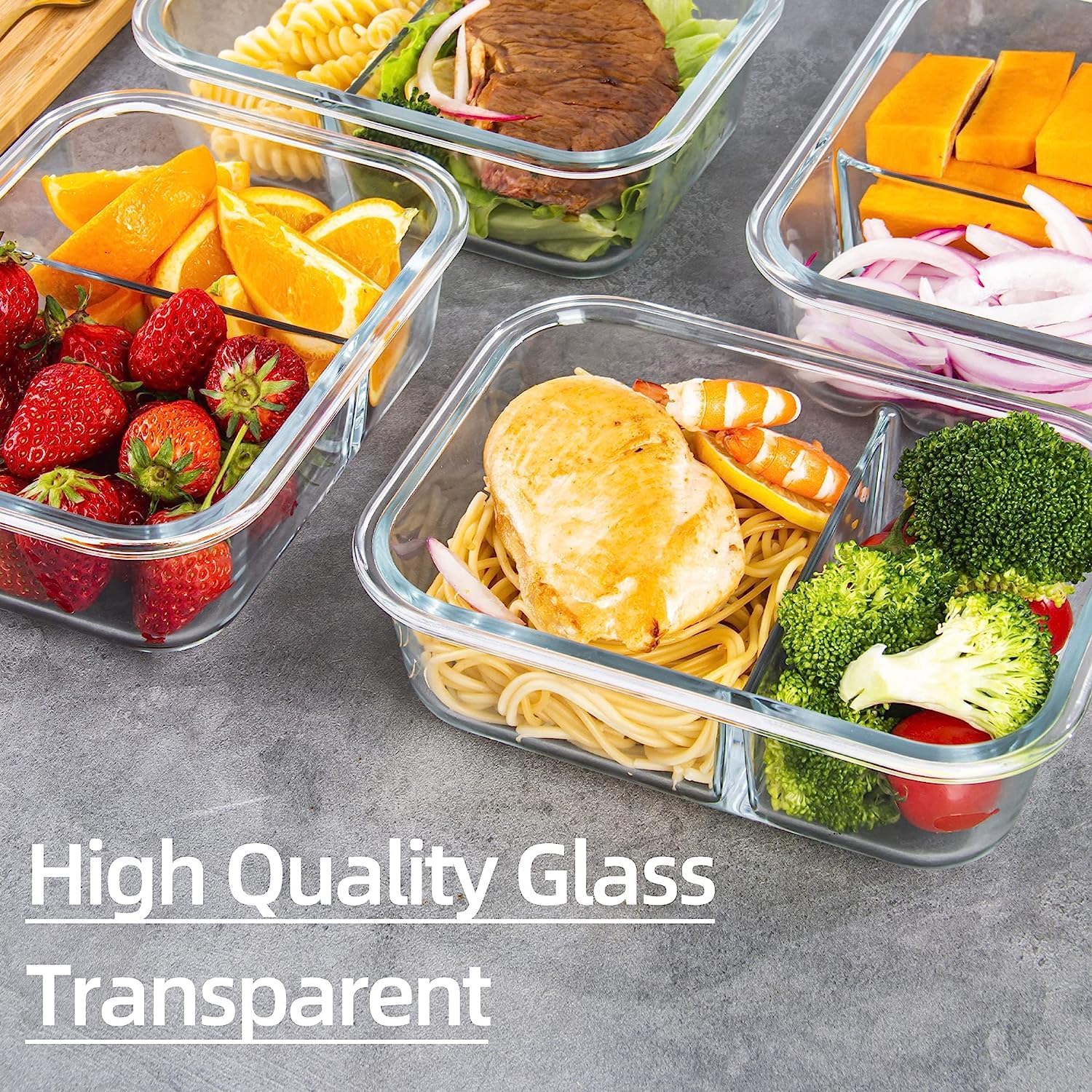 Atraux 2 Compartments Airtight Glass Food Storage Containers, Meal Prep Lunchboxes With Pink Lids - 1000ml (Pack Of 6)