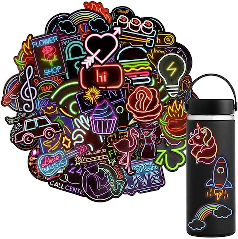 Waterproof Vinyl Stickers Pack for Laptop Water Bottle Party Supplies (50Pcs Neon Style)