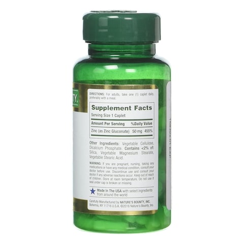 Nature&#39;s Bounty Chelated Zinc Gluconate 50mg Immune Health Supplement 100 Caplets