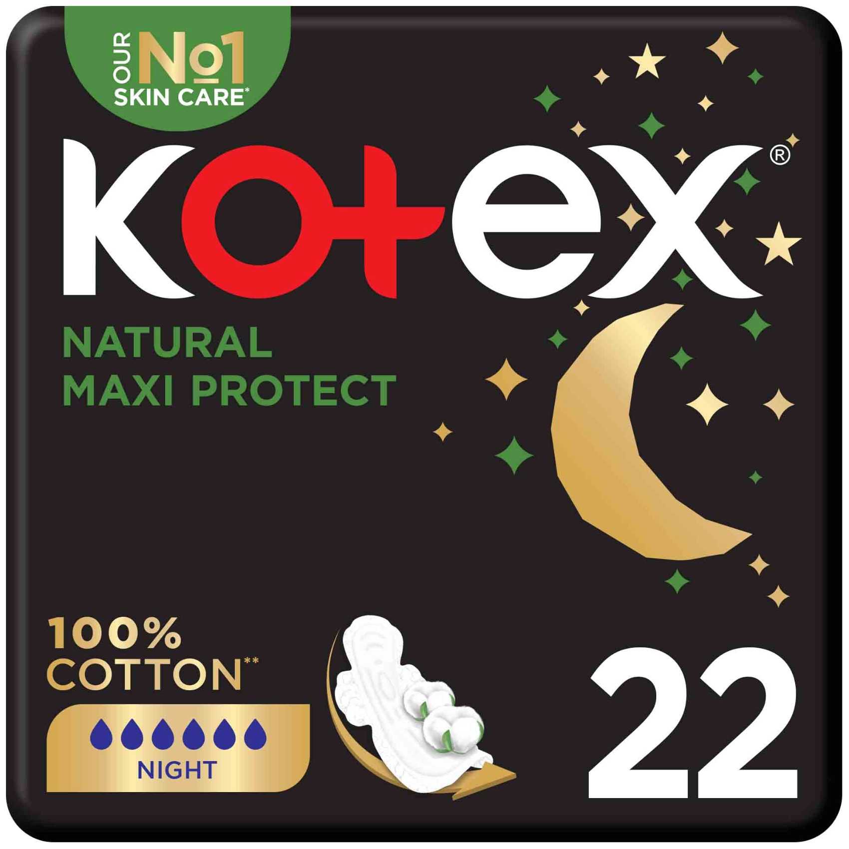 Kotex Natural Maxi Protect Thick Pads 100% Cotton Pad Overnight Protection Sanitary Pads with Wings 22 Sanitary Pads