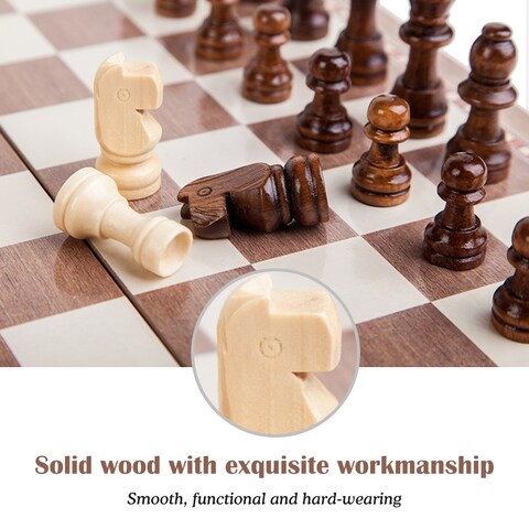 Generic-Beige 3-in-1 Multifunctional Wooden Chess Set Folding Chessboard Game Travel Games Chess Checkers Draughts and Backgammon Set Entertainment Educational Toys