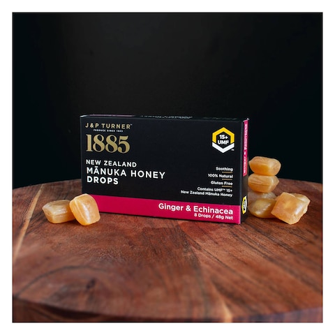 J &amp; P Turner 1885 Manuka Honey Drops Candy Ginger And Enchinacea 48g