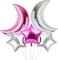 Party Time 5-Pieces Moon and Star Foil Balloons Bouquet - Baby Shower, Birthday, Gender Reveal, Eid, and Ramadan Party and Events Decoration (Pink and Silver)