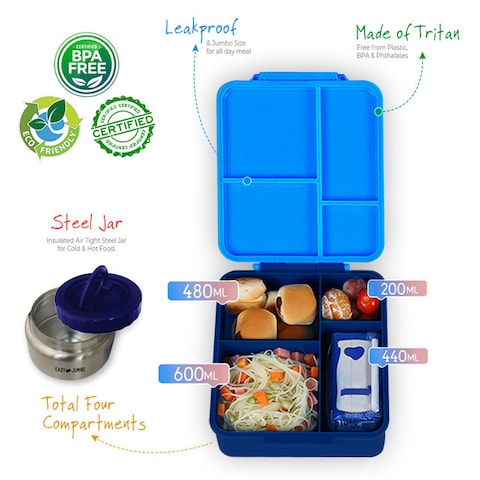Eazy Kids Jumbo Bento Lunch Box w/ Thermos &amp; Sauce Jar- Blue