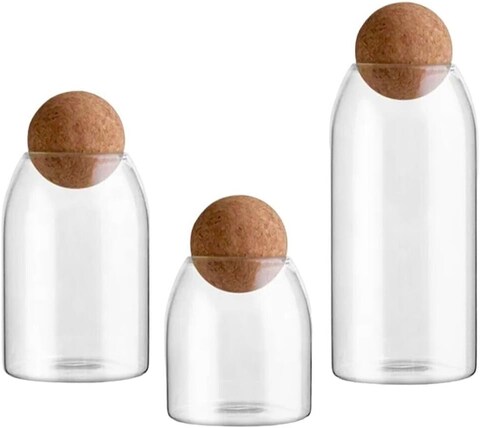 3 x Glass Storage Jars, Borosilicate Glass Jar, Spice Jars with Cork Stopper, for Spices, Sugar, Coffee, Biscuits, Sweets