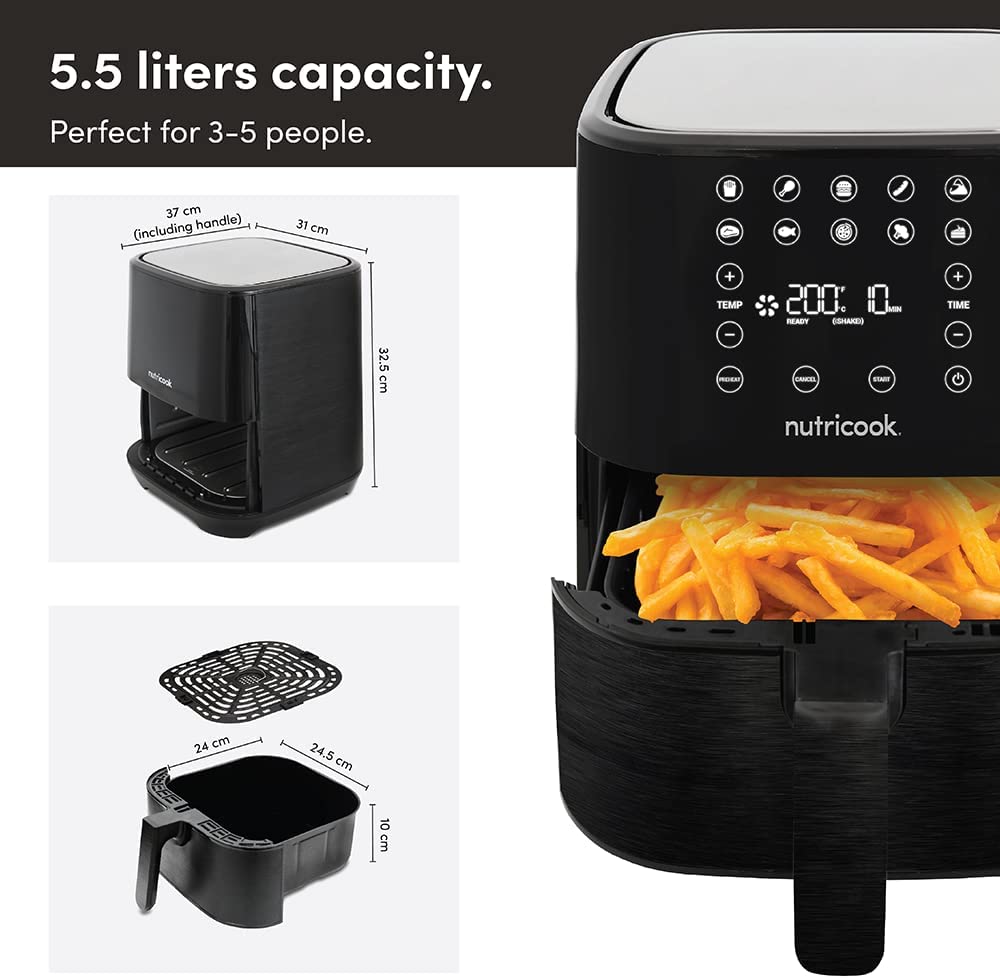 Nutricook Air Fryer 2, 1700 Watts, Digital Control Panel Display, 10 Preset Programs With Built-In Preheat Function, 5.5 Liter Black, 2 Years Warranty, Af205K