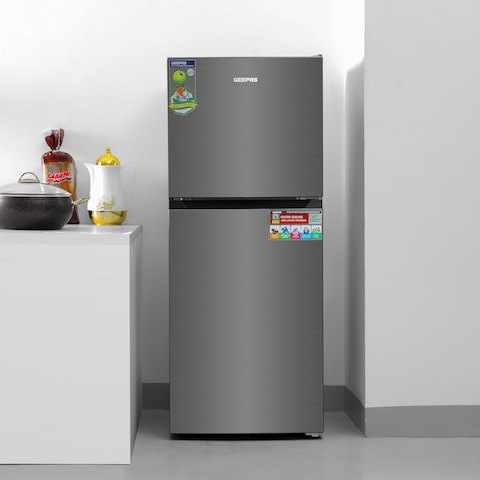 Geepas 180 L Double Door Total No-Frost Refrigerator- GRF2522SXN  Multi-Airflow with Faster and Deep Cooling  LED Interior Light and Unbreakable Glass Shelves,   Metallic Grey  2 Years Warranty