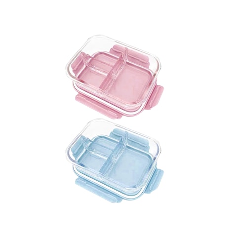 Aiwanto 2 Pack 3 Compartment Lunch Box Glass Lunch Containers Food Box for Office Microwavable 1000ML Capacity (Pink and Blue)