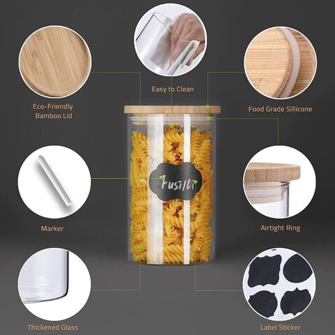 1CHASE Borosilicate Glass Jars With Bamboo Lids, Glass Food Storage Jars With Wood Lids For Pantry-4 Pcs Set (2200ml/ 1200ml/ 750ml/ 500ml)