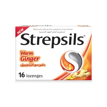 Strepsils Warm Ginger, Soothing Effective Relief of Sore Throat Symptoms, 16 Lozenges