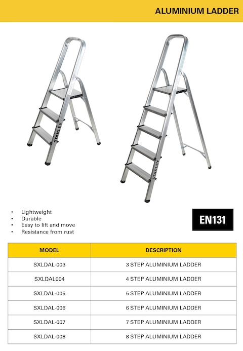 STANLEY Step Ladder, 3 Steps Aluminum Ladder with Non-Slip Rubber Edge Guards &amp; 150 KG Loading Capacity - EN131 Approved