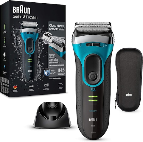 Braun Series 3 ProSkin 3080s Rechargeable Wet &amp; Dry Electric Shaver Plus Charging Stand, Premium Blue