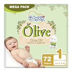 Buy Babyjoy olive oil moisturizer for healthy skin size 1 newborn up to 4 kg mega pack 72 diapers in Saudi Arabia