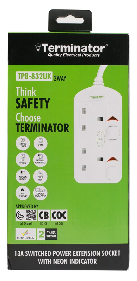 Terminator Brand UK Socket Power Extension With Individual Switches - 2way 5M