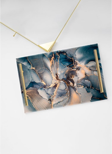 Lowha Decorative Acrylic Serving Tray With Gold Metal Handles And Luxury Abstract Design 20x30 cm