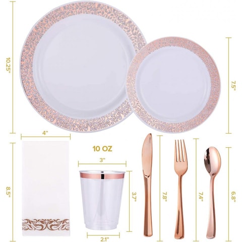 Aiwanto 175Pcs Disposable Dinner Set Dinnerware Set Rose Gold Lace Design Plate Spoon Set for Birthday Anniversary Christmas Party Accessories