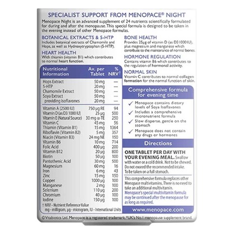 Vitabiotics Menopace Night 22 Nutrients Soya Chamomile And 5-HTP Supplements 30 Capsules