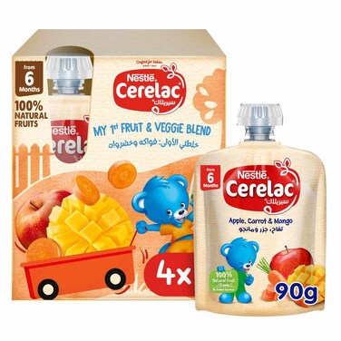 Nestle Cerelac My 1st Fruit and Veggie Blend Apple Carrot and Mango Puree, from 6 Months, 90g Pack of 4
