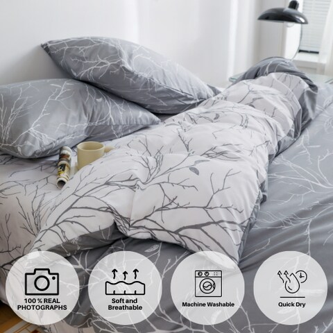 LUNA HOME King size 6 pieces without filler,Reversible Design Grey and White Sakura Duvet cover.