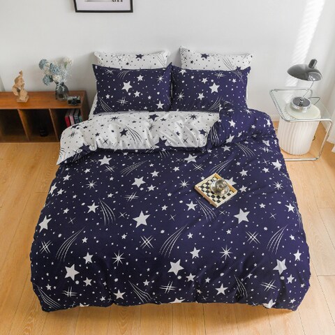 Single size 4 pieces Reversible Navy Blue Sky Stars Fall Design, Duvet cover without filler.