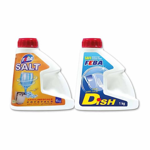 Feba Dishwashing Liquid Cleaner - 1 Kg + Feba Anti-Limescale Salt Crystals - 1 Kg