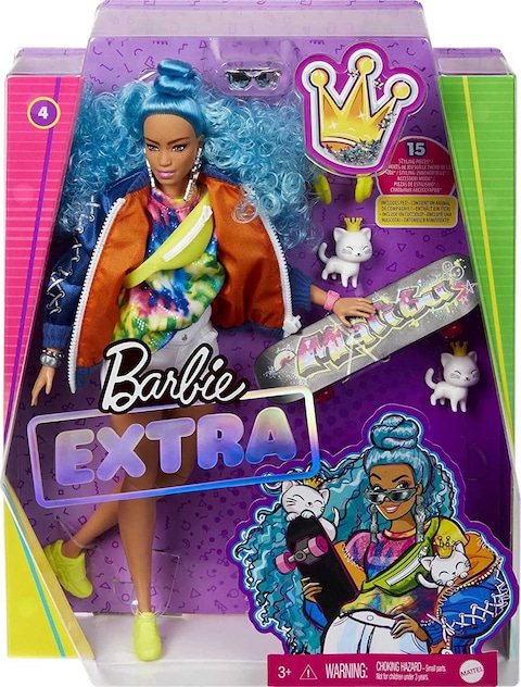 Barbie Extra Doll #4, Curvy, In Zippered Bomber Jacket With 2 Pet Kittens, Extra-Curly Blue Hair, Layered Outfit &amp; Accessories Including Skateboard, Multiple Flexible Joints, Gift For Kids