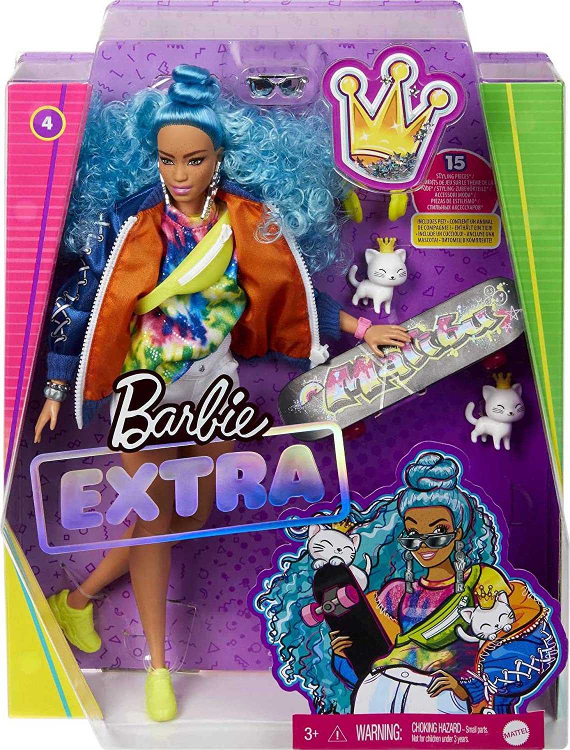 Barbie Extra Doll #4, Curvy, In Zippered Bomber Jacket With 2 Pet Kittens, Extra-Curly Blue Hair, Layered Outfit &amp; Accessories Including Skateboard, Multiple Flexible Joints, Gift For Kids