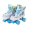 آي كير حذاء تزلج بعجلات 4 عجلات أبيض مع طباعة باللون الأزرق السماوي وعجلات باللون الأزرق السماوي