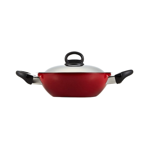 Prestige Classique Flat Bottom Wok Kadai With Lid Red 28cm