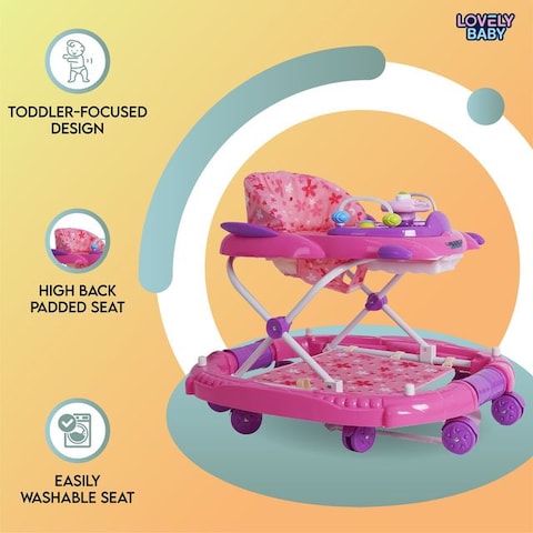 Lovely Baby Foldable Kids Walker BW04 with Adjustable Height, Musical Toys, Rotating Wheels, Comfortable &amp; Safe Activity Walker for Toddlers, Small Infant Boy Girl 6-18 months - Pink