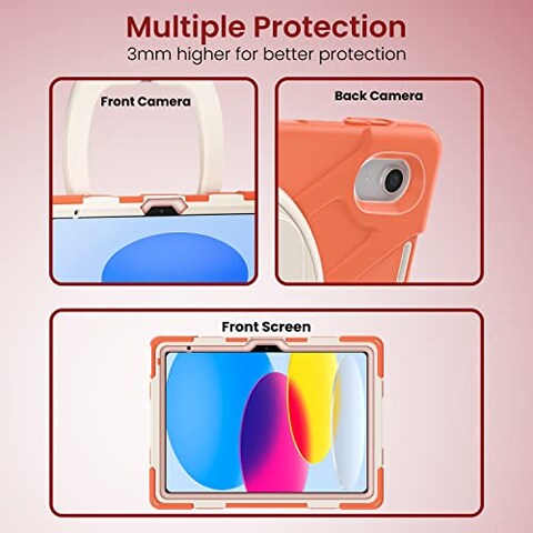 Moxedo Shockproof Rugged Protective Colorful Case with 360 Rotating Kickstand, Shoulder Strap, Pen Holder for Kids Compatible for iPad 10th Generation 10.9 2022 (Living Coral)