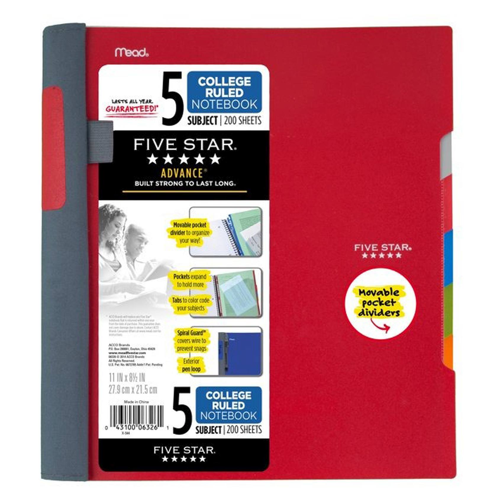 Mead 5 Star College Ruled Notebook 200 Sheets Red 8.5x11inch