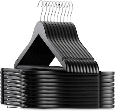 ZOBER High-Grade Black Wooden Suit Hangers with Non Slip Pants Bar Smooth Finish Solid Wood Coat Hanger 360 Degree Swivel Hook For Camisole, Jacket, Pant, Dress Clothes Hangers, 30 Pack