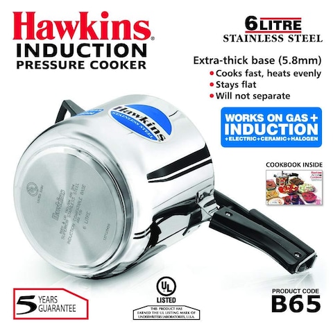 Hawkins  Stainless Steel Induction Compatible Base Pressure Cooker, 6 Litres, Silver