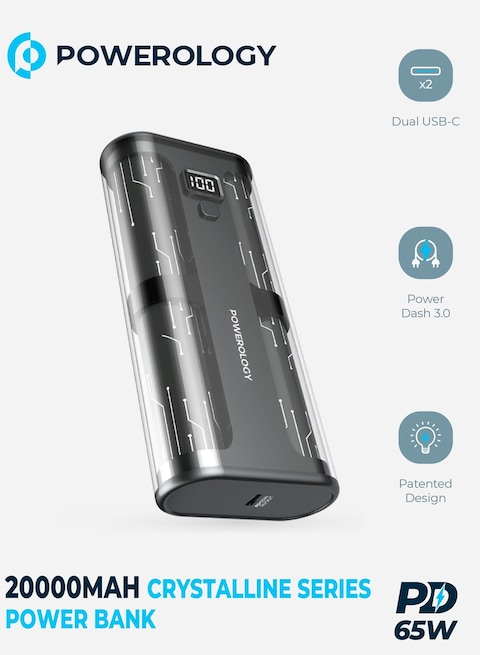 Powerology Crystalline Series Powerbank 20000mAh PD 65W - Transparent/Grey