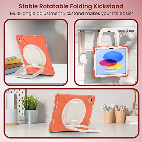 Moxedo Shockproof Rugged Protective Colorful Case with 360 Rotating Kickstand, Shoulder Strap, Pen Holder for Kids Compatible for iPad 10th Generation 10.9 2022 (Living Coral)