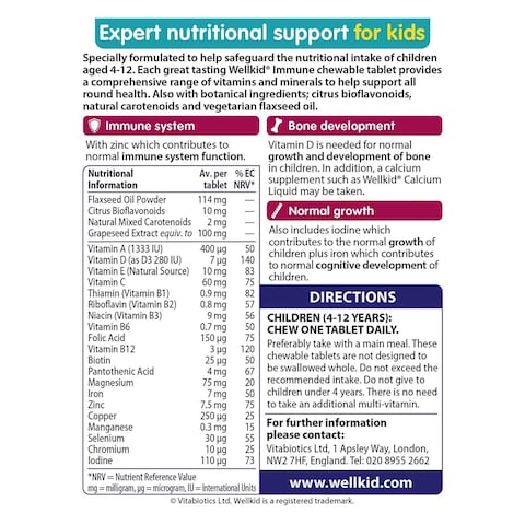 Vitabiotics Wellkid Immune System Function Multi-Vitamins And Minerals Chewable Supplements 30 Tablets