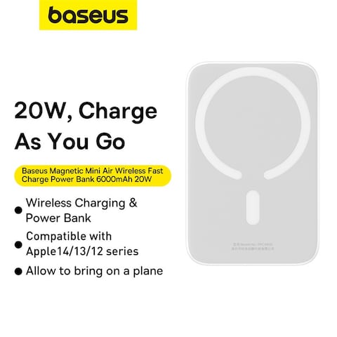 Baseus 6000 mAh MagSafe Power Bank 6000mAh 15W Wireless Portable Charger PD 20W With USB-C Port Fast Charging MagSafe Battery Pack For iPhone 15 Pro Max/iPhone 15/15 Plus/14/13/12 Series White