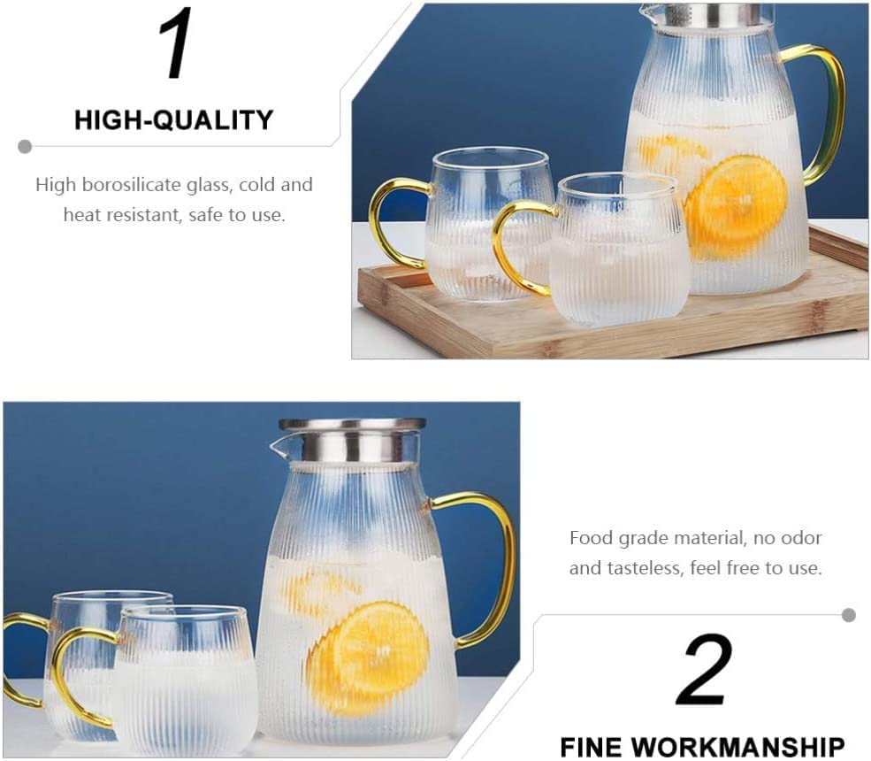 1Chase️ Heat Resistant Borosilicate1500 ml Glass Water Pitcher With Stainless Steel Strainer Lid With Set Of 2 Pcs 350 ml Glass Mugs For Tea, Coffee, Juice, Milk And For Daily Use