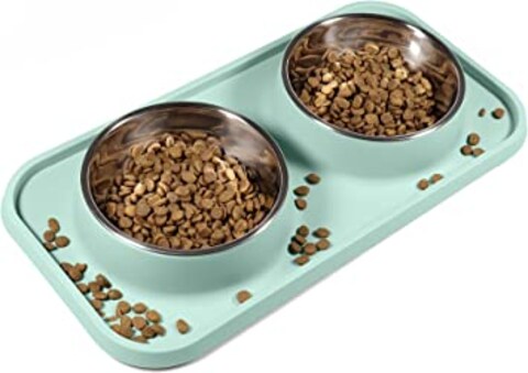 اشتري Cat Food Bowls, Cat Bowls Non-Skid and Non-Spill Silicone Mats with Stand, Removable Stainless Steel Food and Water Dishes for Cats, Small Size Dogs في الامارات