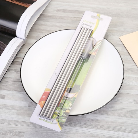 Generic-4 Pcs Reusable Drinking Straw Set 304 Stainless Steel Metal Straw Straight Bent with Cleaner Brush