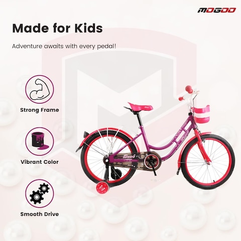 Mogoo Pearl Kids Road Bike With Basket For 4-10 Years Old Girls, Adjustable Seat, Handbrake, Mudguards, Reflectors, Rear Carrier, Gift For Kids, 16/20 Inch Bicycle With Training Wheels