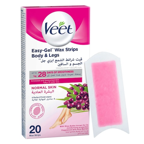 Buy Veet Professional Hair Removal Easy-Gel Legs  Body Wax Strips With Shea Butter For Normal Skin, Perfect Finish Wipes With Argan Oil, Up To 28 Days Of Smoothness, 20 Wax Strips (Pack May Vary) in Saudi Arabia