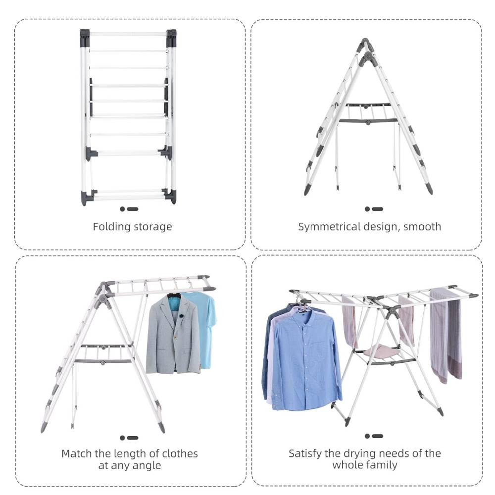 Clothes Drying Rack, Foldable Laundry Rack with Height-Adjustable Gullwings Space-Saving, Laundry Room Organization