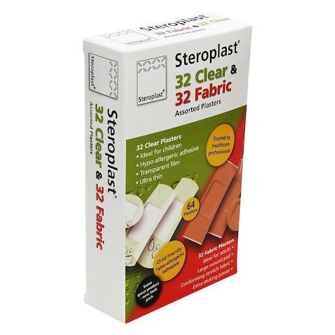 Steroplast Premium Clear Plaster 32 Pieces + Fabric Wound Injury Plasters 32 Pieces