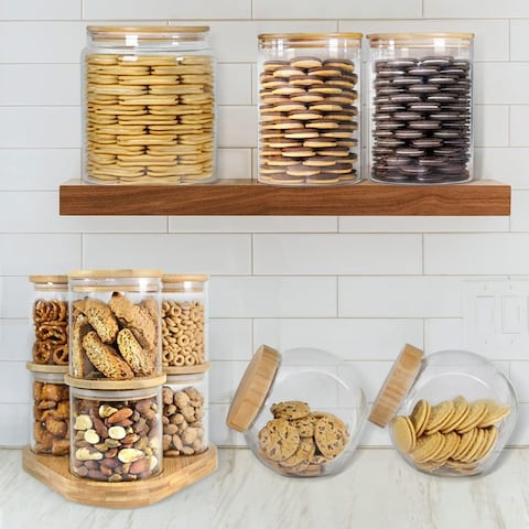1CHASE&reg; Borosilicate Glass Food Storage Jars with Bamboo Lids and Wooden Base (Set of 6 of 16oz), Stackable Glass Food Jars for Rice, Pasta, Cookies, Snacks etc