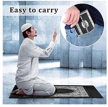 Generic Portable Black Color Muslim Prayer Rug With Compass Pocket Size Qibla Finder With Booklet Waterproof Material